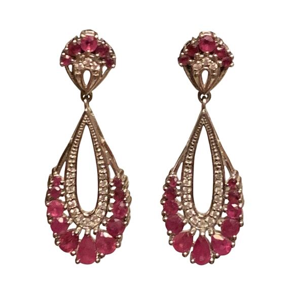 Sterling Silver, Natural Ruby and CZ Dangle/Drop Earrings Vintage - Picture 1 of 8